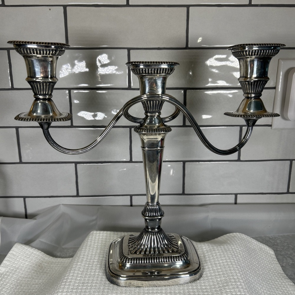 Silverplate 3 Light Candelabra Vintage Candlestick Candle Holder Stepped Base